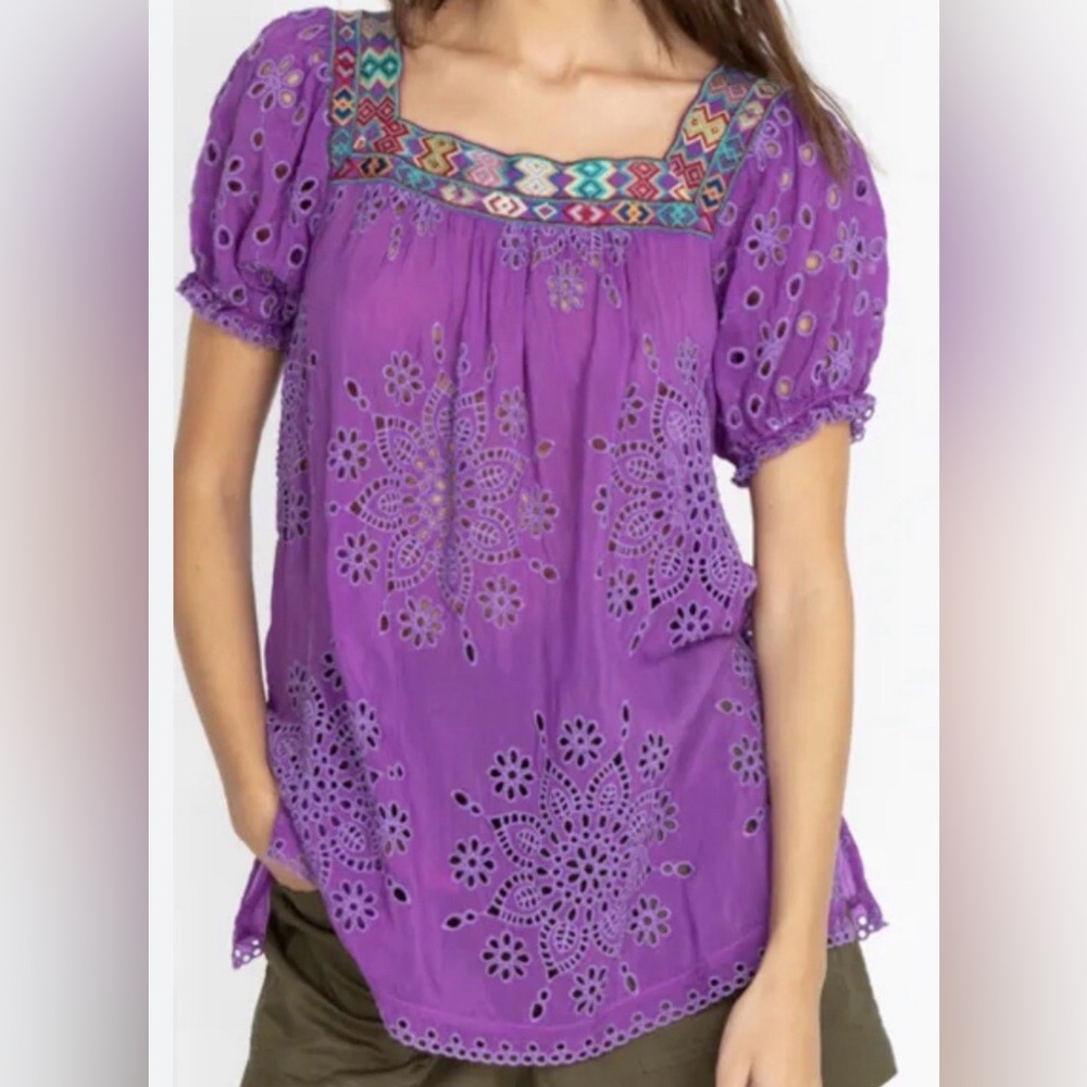 Johnny Was Purple Eyelet Embroidered Square-Neck Blouse